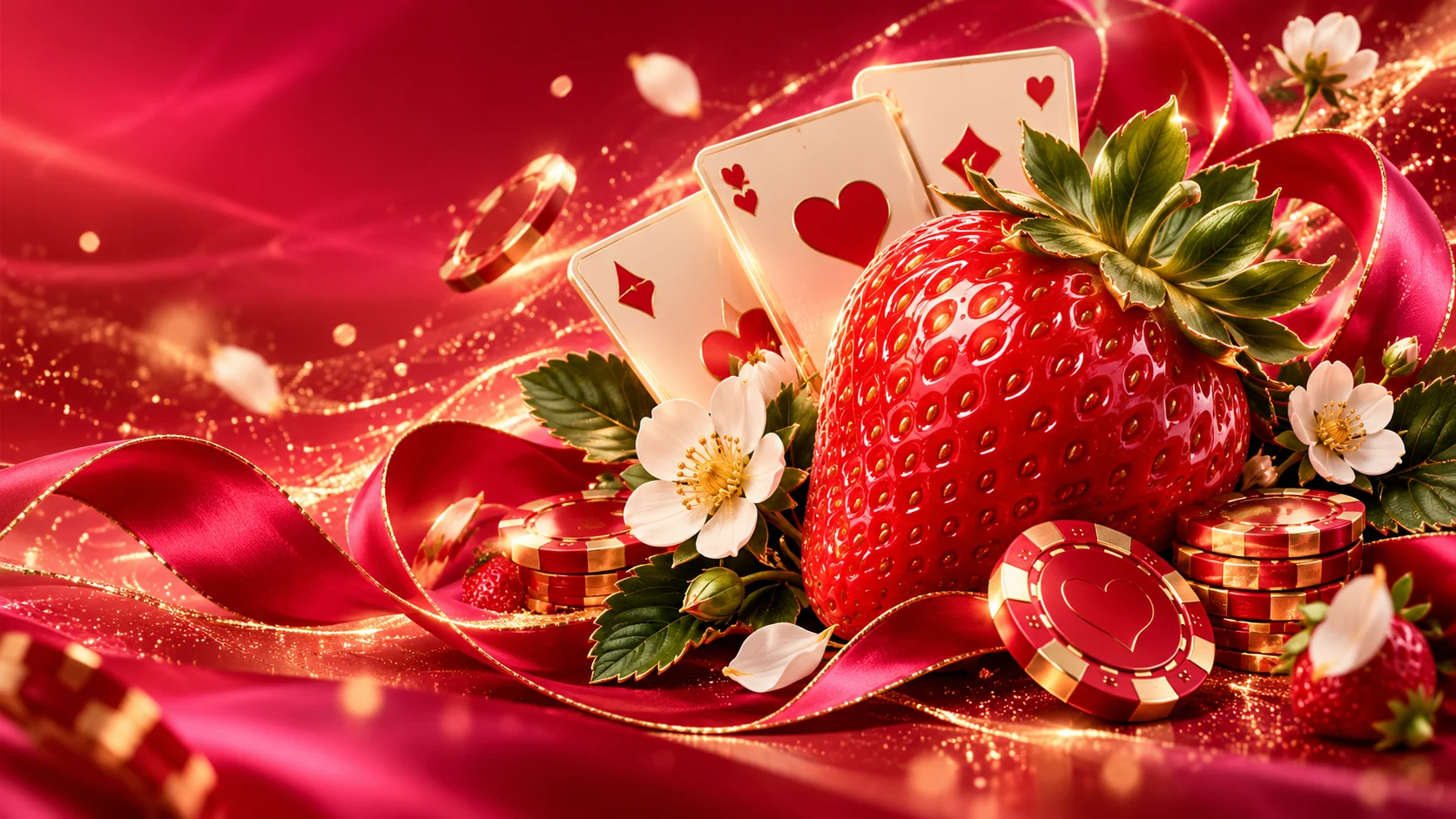 Ruby strawberry with gold details and tropical leaves